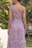 Vestido floral, longo e franzido de misangas com um ombro e tule sereia, lilas,para Convidada de Casamento