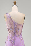 Vestido floral, longo e franzido de misangas com um ombro e tule sereia, lilas,para Convidada de Casamento