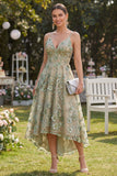 Vestido Midi Floral Midi em Tule Verde A-Line Aplicado com Espartilho para Convidada de Casamento