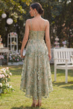 Vestido Midi Floral Midi em Tule Verde A-Line Aplicado com Espartilho para Convidada de Casamento