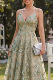 Vestido Midi Floral Midi em Tule Verde A-Line Aplicado com Espartilho para Convidada de Casamento