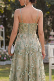 Vestido Midi Floral Midi em Tule Verde A-Line Aplicado com Espartilho para Convidada de Casamento