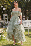 Vestido Midi Floral em Organza de Ombros Abertos Verde A-Line Aplicado para Convidada de Casamento