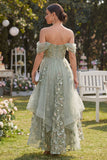 Vestido Midi Floral em Organza de Ombros Abertos Verde A-Line Aplicado para Convidada de Casamento