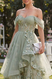 Vestido Midi Floral em Organza de Ombros Abertos Verde A-Line Aplicado para Convidada de Casamento