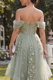 Vestido Midi Floral em Organza de Ombros Abertos Verde A-Line Aplicado para Convidada de Casamento