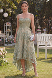Vestido Midi Floral de Espartilho Linha-A em Tule Verde Poeirento para Convidada de Casamento