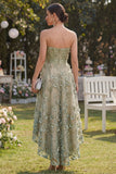 Vestido Midi Floral de Espartilho Linha-A em Tule Verde Poeirento para Convidada de Casamento