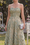Vestido Midi Floral de Espartilho Linha-A em Tule Verde Poeirento para Convidada de Casamento