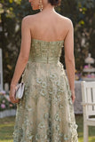Vestido Midi Floral de Espartilho Linha-A em Tule Verde Poeirento para Convidada de Casamento