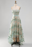 Vestido Midi Floral de Espartilho Linha-A em Tule Verde Poeirento para Convidada de Casamento