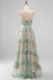 Vestido Midi Floral de Espartilho Linha-A em Tule Verde Poeirento para Convidada de Casamento