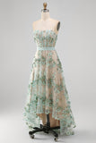 Vestido Midi Floral de Espartilho Linha-A em Tule Verde Poeirento para Convidada de Casamento