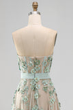 Vestido Midi Floral de Espartilho Linha-A em Tule Verde Poeirento para Convidada de Casamento