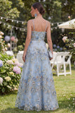 Vestido Longo Floral Azul A-Line com Tule Aplicado com Missangas e Franzidas para Convidada de Casamento