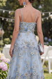 Vestido Longo Floral Azul A-Line com Tule Aplicado com Missangas e Franzidas para Convidada de Casamento