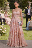 Vestido floral longo com aplicadas em tule cor-de-rosa laranja Sweetheart e fenda para Convidada de Casamento