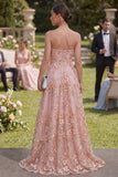 Vestido floral longo com aplicadas em tule cor-de-rosa laranja Sweetheart e fenda para Convidada de Casamento