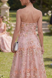 Vestido floral longo com aplicadas em tule cor-de-rosa laranja Sweetheart e fenda para Convidada de Casamento