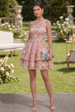 Vestido Mini Floral de Linha A Rosa Laranja de um ombro para Convidada de Casamento