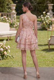 Vestido Mini Floral de Linha A Rosa Laranja de um ombro para Convidada de Casamento