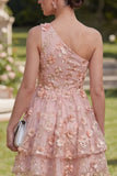 Vestido Mini Floral de Linha A Rosa Laranja de um ombro para Convidada de Casamento