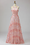 Vestido longo floral com decote alaranjado em tule cor-de-rosa e laranja em forma de A