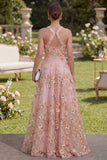 Vestido longo floral com decote alaranjado em tule cor-de-rosa e laranja em forma de A