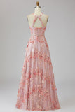 Vestido longo floral com decote alaranjado em tule cor-de-rosa e laranja em forma de A