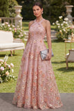 Vestido longo floral com decote alaranjado em tule cor-de-rosa e laranja em forma de A