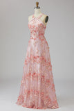 Vestido longo floral com decote alaranjado em tule cor-de-rosa e laranja em forma de A