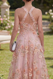 Vestido longo floral com decote alaranjado em tule cor-de-rosa e laranja em forma de A