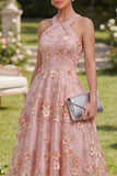 Vestido longo floral com decote alaranjado em tule cor-de-rosa e laranja em forma de A