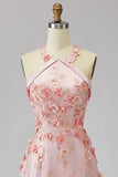 Vestido longo floral com decote alaranjado em tule cor-de-rosa e laranja em forma de A