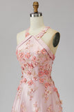 Vestido longo floral com decote alaranjado em tule cor-de-rosa e laranja em forma de A