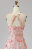 Vestido longo floral com decote alaranjado em tule cor-de-rosa e laranja em forma de A