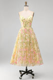 Corset Amarelo Claro Bordado Floral Linha A Vestido Midi para Convidados de Noiva