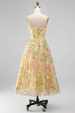 Corset Amarelo Claro Bordado Floral Linha A Vestido Midi para Convidados de Noiva