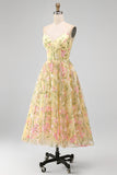 Corset Amarelo Claro Bordado Floral Linha A Vestido Midi para Convidados de Noiva