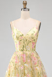 Corset Amarelo Claro Bordado Floral Linha A Vestido Midi para Convidados de Noiva