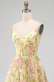 Corset Amarelo Claro Bordado Floral Linha A Vestido Midi para Convidados de Noiva