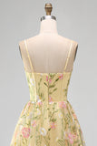 Corset Amarelo Claro Bordado Floral Linha A Vestido Midi para Convidados de Noiva