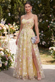 Straps finos amarelo claro A-Line Hollow Appliqued Maxi Floral com Fenda