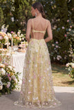Straps finos amarelo claro A-Line Hollow Appliqued Maxi Floral com Fenda