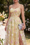 Straps finos amarelo claro A-Line Hollow Appliqued Maxi Floral com Fenda