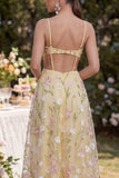 Straps finos amarelo claro A-Line Hollow Appliqued Maxi Floral com Fenda