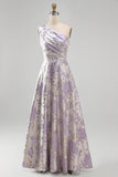 Vestido Formal Jacquard Maxi A-Line de Um Ombro e Franzido Lavanda Poeirenta