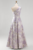 Vestido Formal Jacquard Maxi A-Line de Um Ombro e Franzido Lavanda Poeirenta