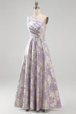 Vestido Formal Jacquard Maxi A-Line de Um Ombro e Franzido Lavanda Poeirenta