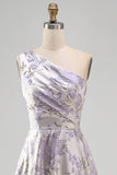 Vestido Formal Jacquard Maxi A-Line de Um Ombro e Franzido Lavanda Poeirenta